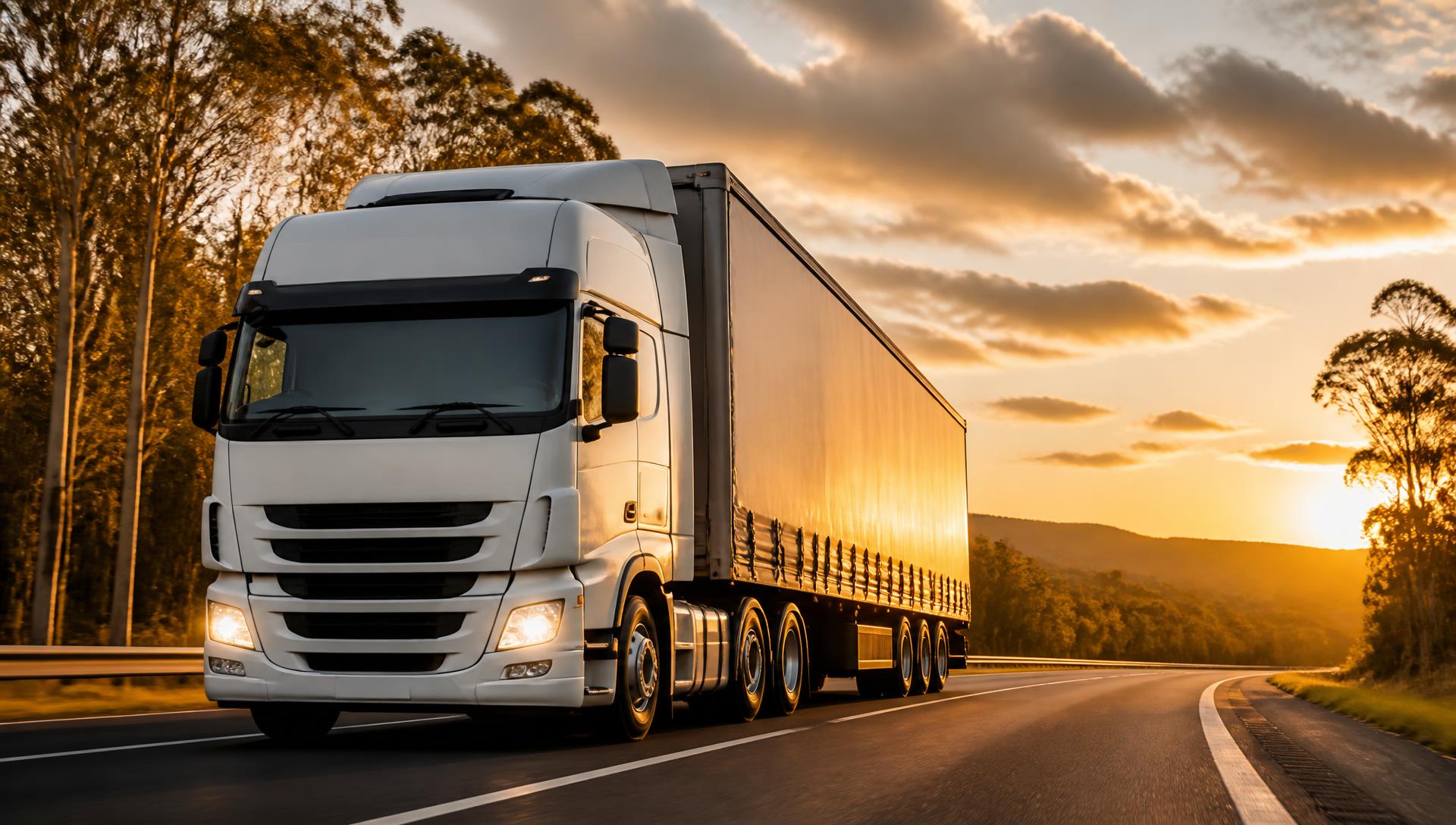 Freight truck travelling on a Queensland highway at sunset